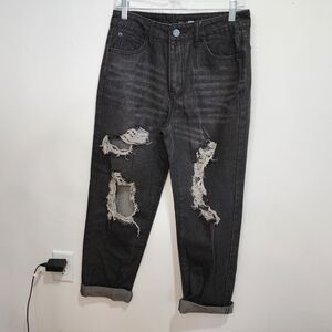 Women's Fashion Nova Charcoal/ Black Distressed Relaxed Jeans